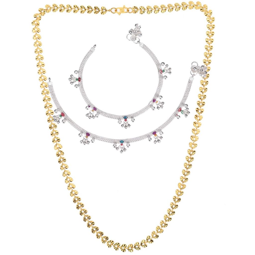 AanyaCentric Elegant Silver Plated Anklets Pair & 22 inch Long Gold Plated Chain - Stylish Women's and Girls' Accessories