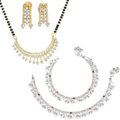 AanyaCentric Jewelry Set of Silver Plated Anklet and Gold-Plated AD 18" Mangalsutra with Pendant Earring