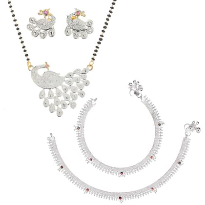 AanyaCentric Jewelry Set of Silver Plated Anklets and Gold-Plated AD 18" Mangalsutra with Pendant Earring