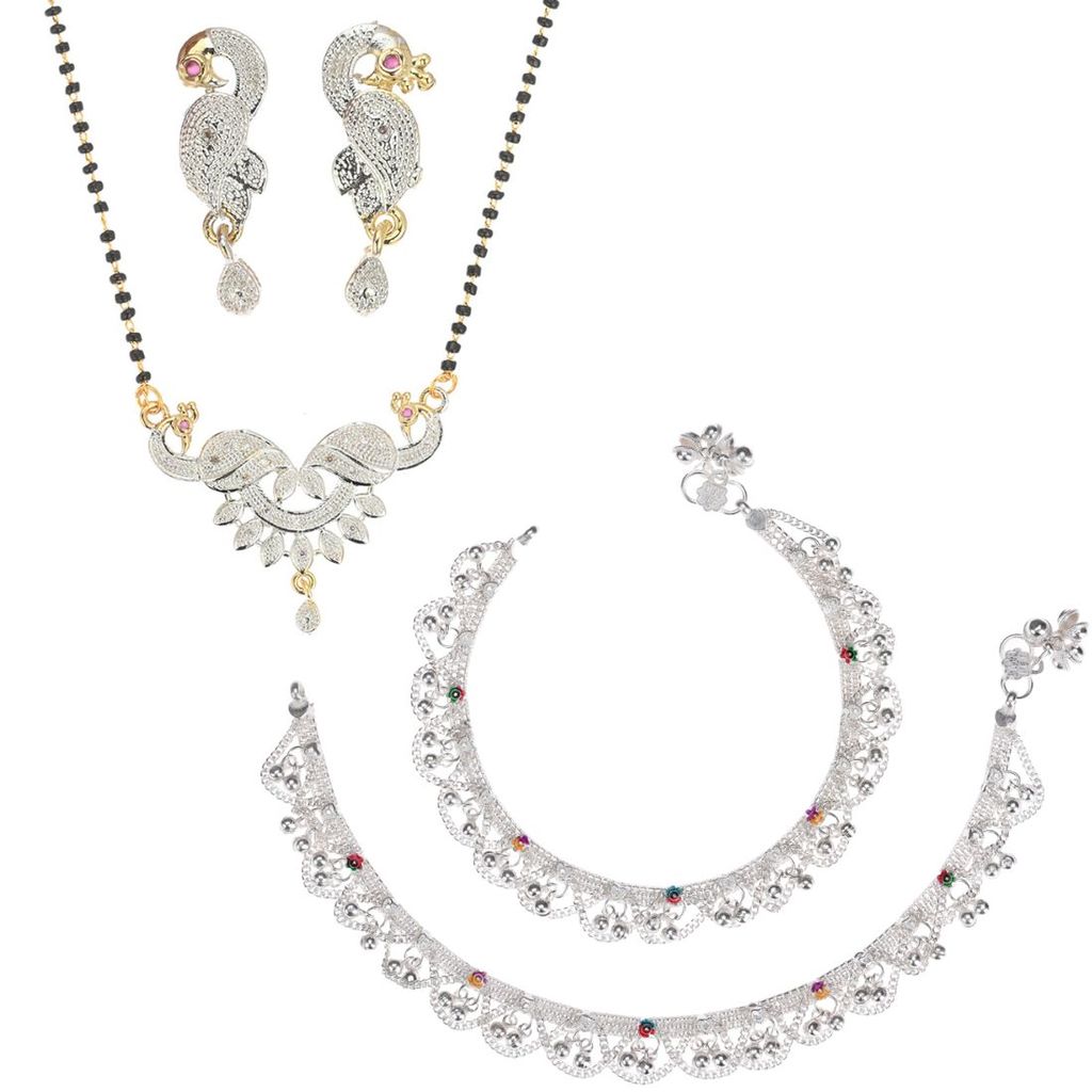 AanyaCentric Jewellery Set of Silver Plated Anklets and Gold-Plated 18" Mangalsutra Pendant Earring