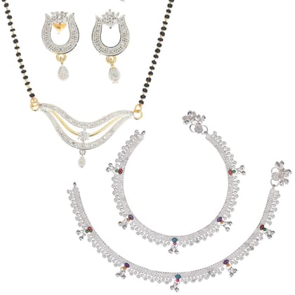 AanyaCentric Jewelry Set of Silver Plated Anklet and Gold-Plated 18" Mangalsutra Pendant Earring
