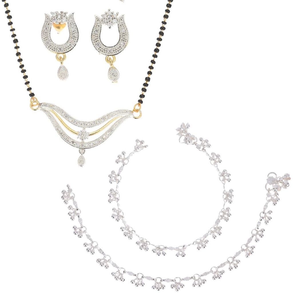 AanyaCentric Jewelry Set of Silver Plated Anklet and Gold Plated 18" Mangalsutra with Pendant Earring
