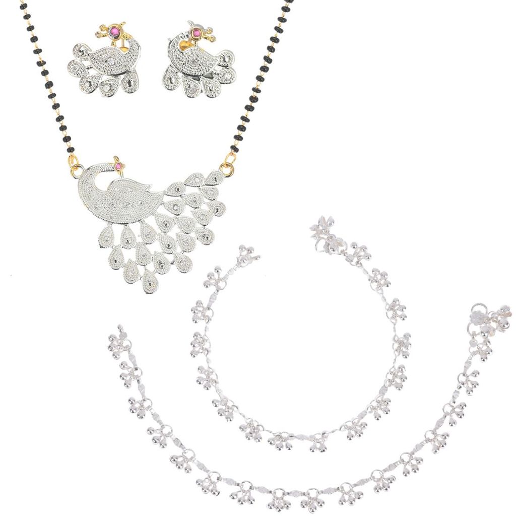 AanyaCentric Jewelry Set of Silver Plated Anklet and Gold Plated AD Mangalsutra Pendant Earring