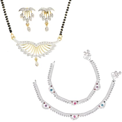 AanyaCentric Jewellery Set of Silver Plated Anklet and Gold-Plated AD Mangalsutra with Pendant Earring
