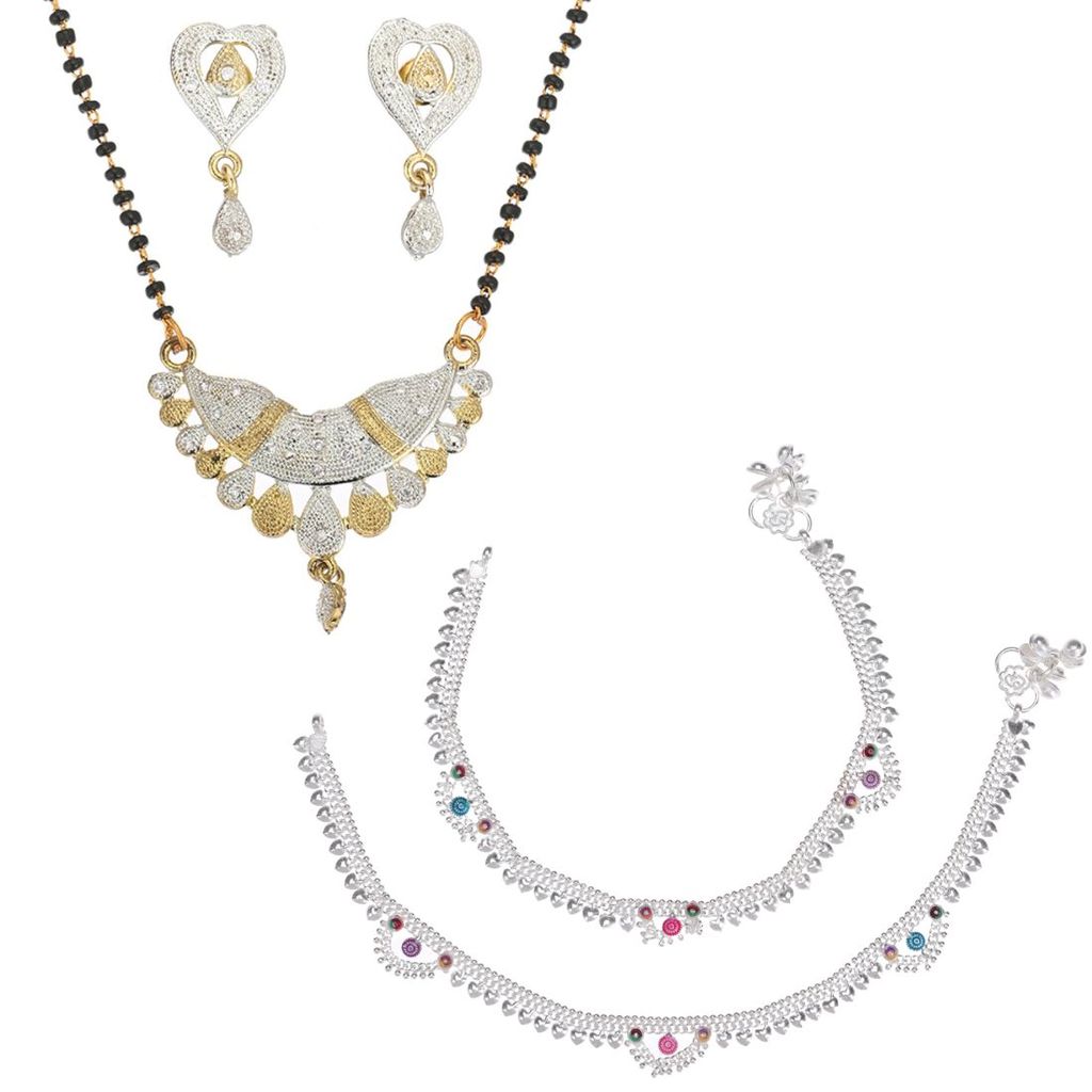 AanyaCentric Jewelry Set of Silver Plated Anklets and Gold-Plated AD Mangalsutra with Pendant Earring