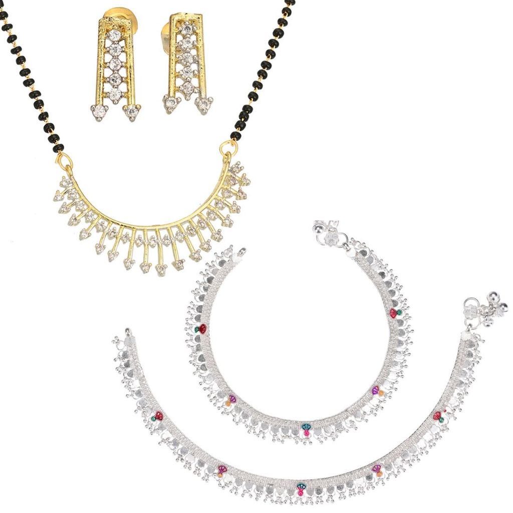 AanyaCentric Jewellery Set of Silver Plated Anklet and Gold-Plated Mangalsutra Pendant Earring