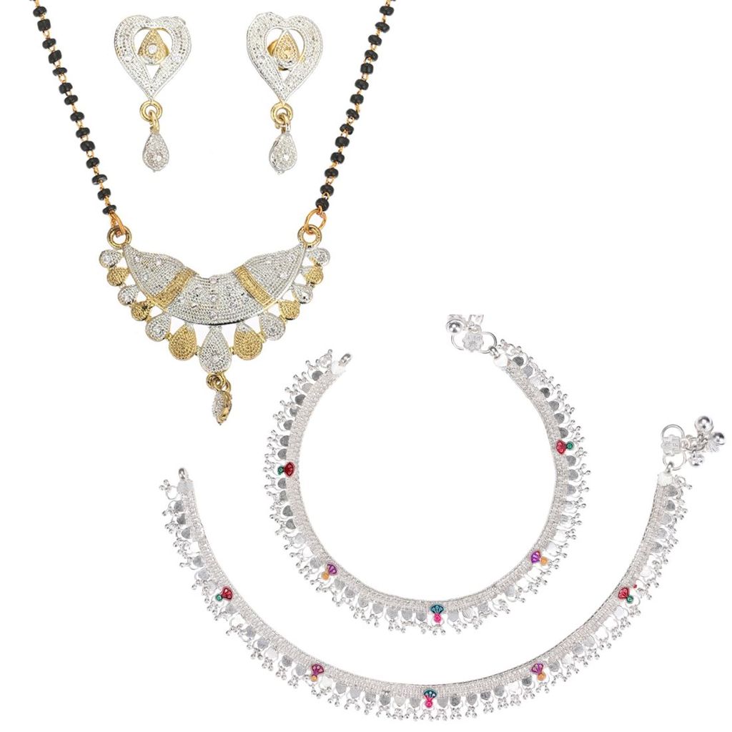 AanyaCentric Jewelry Set of Silver Plated Anklets and Gold Plated Mangalsutra Pendant Earring