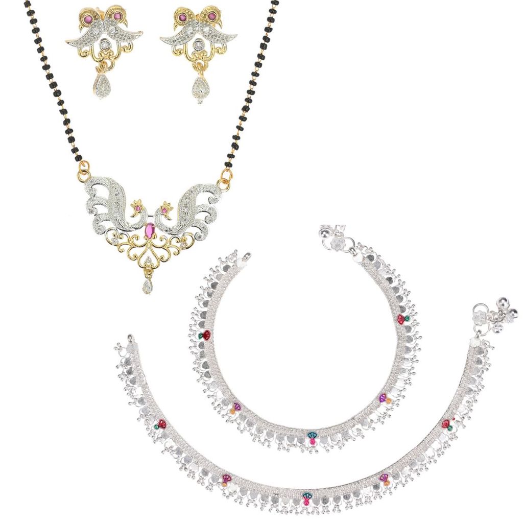 AanyaCentric Jewellery Set of Silver Plated Anklets and Gold-Plated Mangalsutra with Pendant Earring