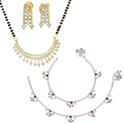 AanyaCentric Jewellery Set of Silver Plated Anklet and Gold Plated Mangalsutra with Pendant Earring