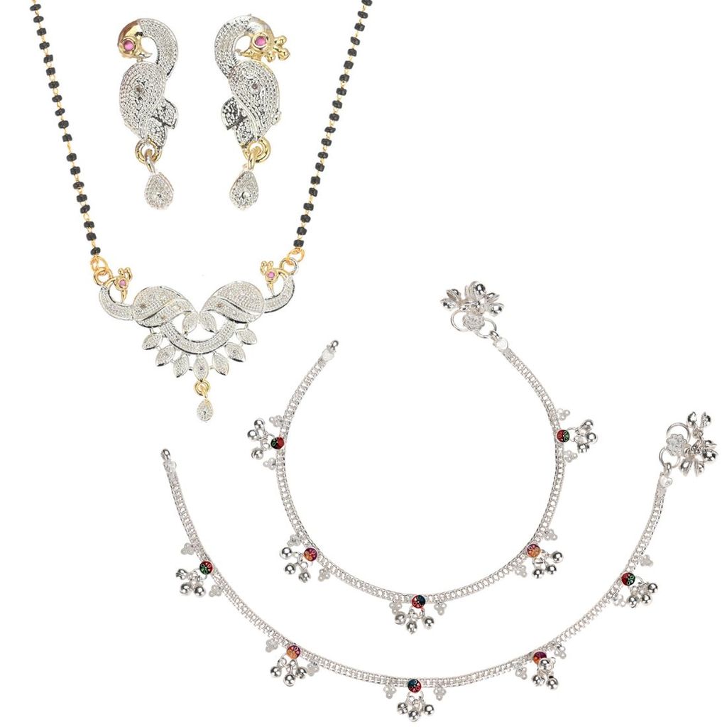 AanyaCentric Jewelry Set of Silver Plated Anklets and Gold Plated Mangalsutra with Pendant Earring