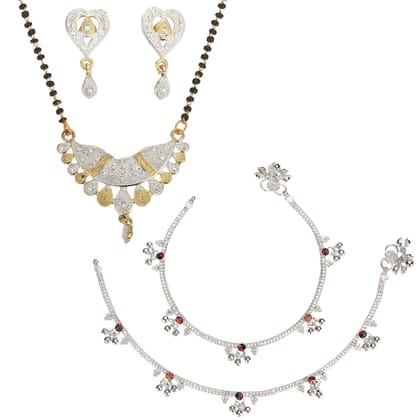 AanyaCentric Jewelry Set of Silver Plated Anklet and Gold-Plated Mangalsutra with Pendant Earring