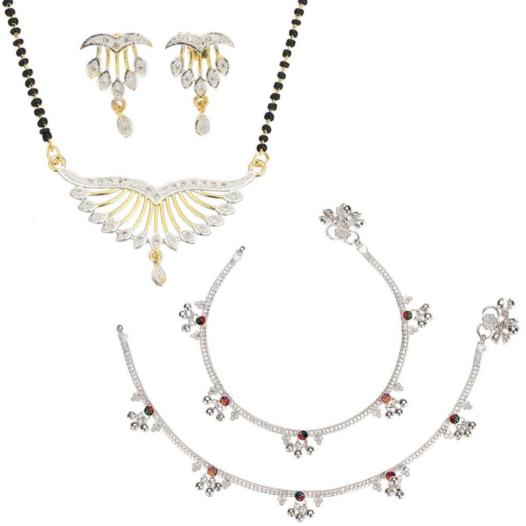 AanyaCentric Jewelry Set of Silver Plated Anklets and Gold-Plated Mangalsutra with Pendant Earring