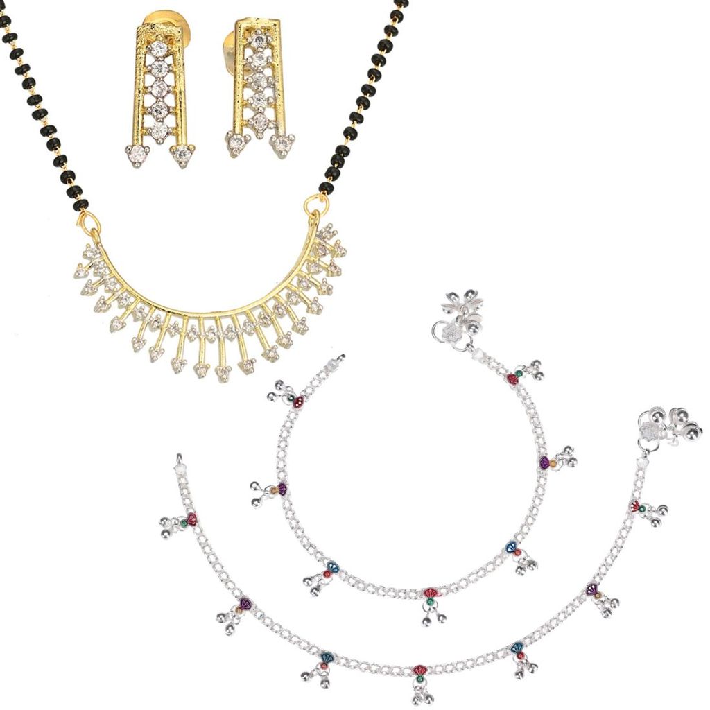 AanyaCentric Gold plated AD Short Mangalsutra with Pendant & Earring Pair and Silver Plated Anklet