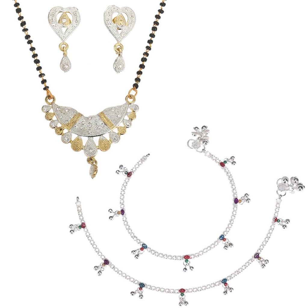 AanyaCentric Gold plated AD Short Mangalsutra with Pendant & Earring Set and Silver Plated Anklet