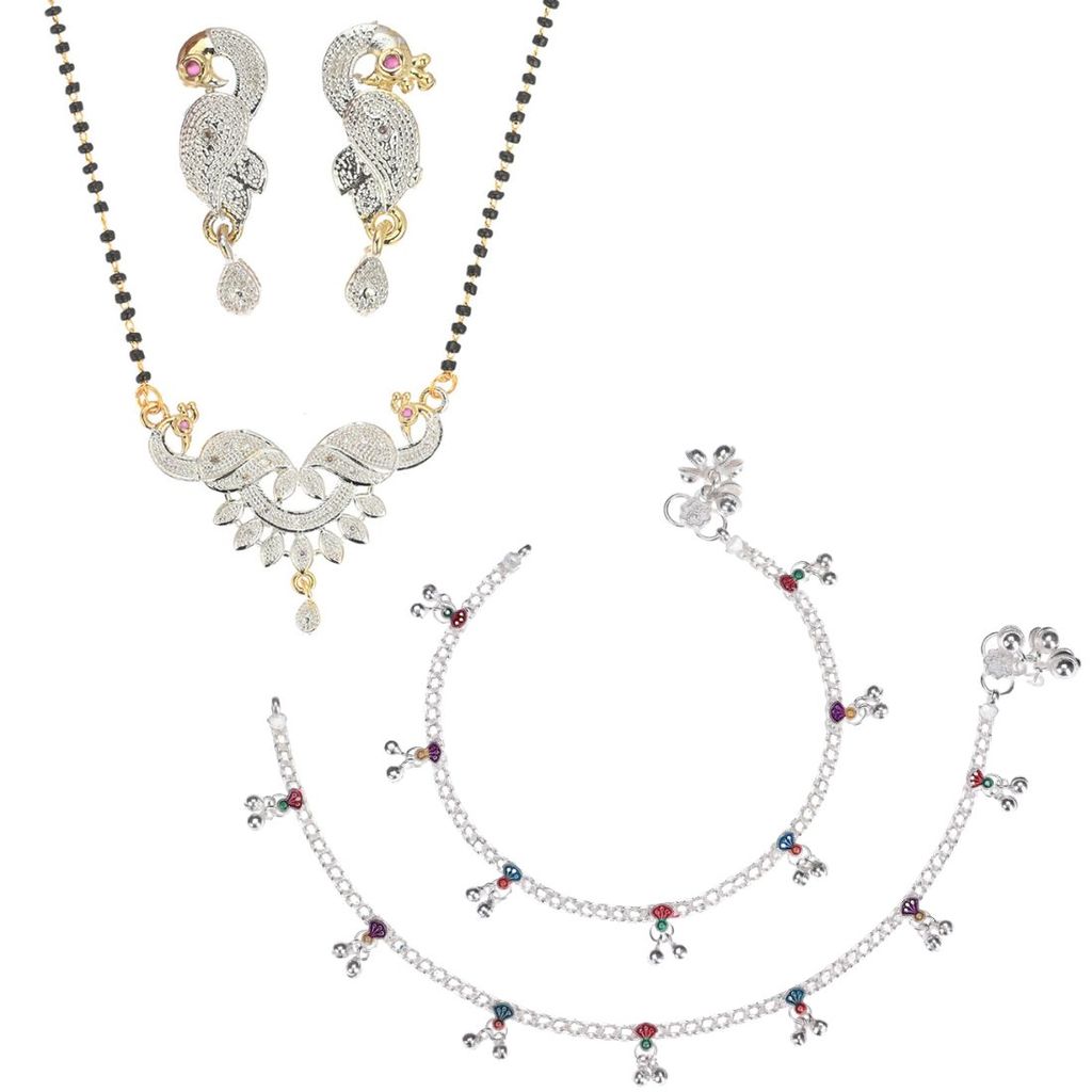 AanyaCentric Gold plated AD Short Mangalsutra with Pendant & Earring Set and Silver Plated Anklet