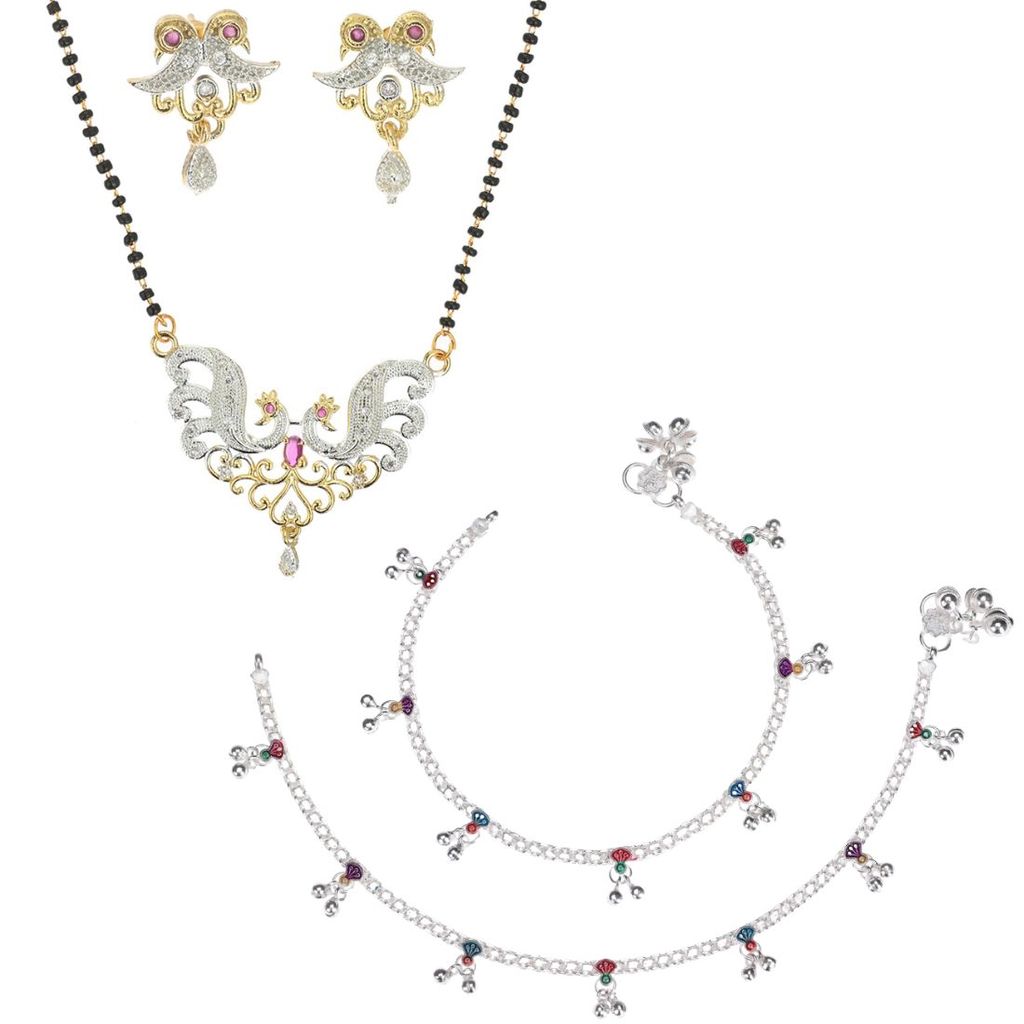 AanyaCentric Gold-plated AD Short Mangalsutra with Pendant & Earring Set and Silver Plated Anklet
