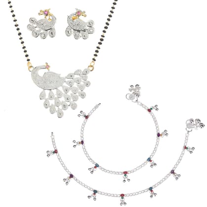 AanyaCentric Gold-plated AD Short Mangalsutra with Pendant & Earring Set and Silver Plated Anklet