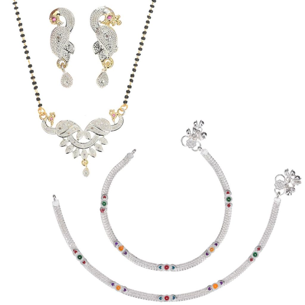 AanyaCentric Gold plating Short Mangalsutra with Pendant & Earring Set and Silver Plated Anklet