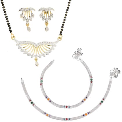 AanyaCentric Gold plating Short Mangalsutra with Pendant & Earring Set and Silver Plated Anklet