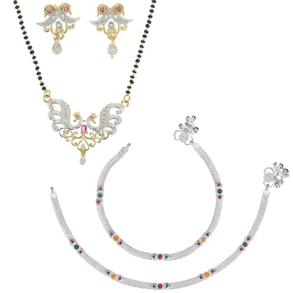 AanyaCentric Gold plated Short Mangalsutra with Pendant & Earring Set and Silver Plated Anklet