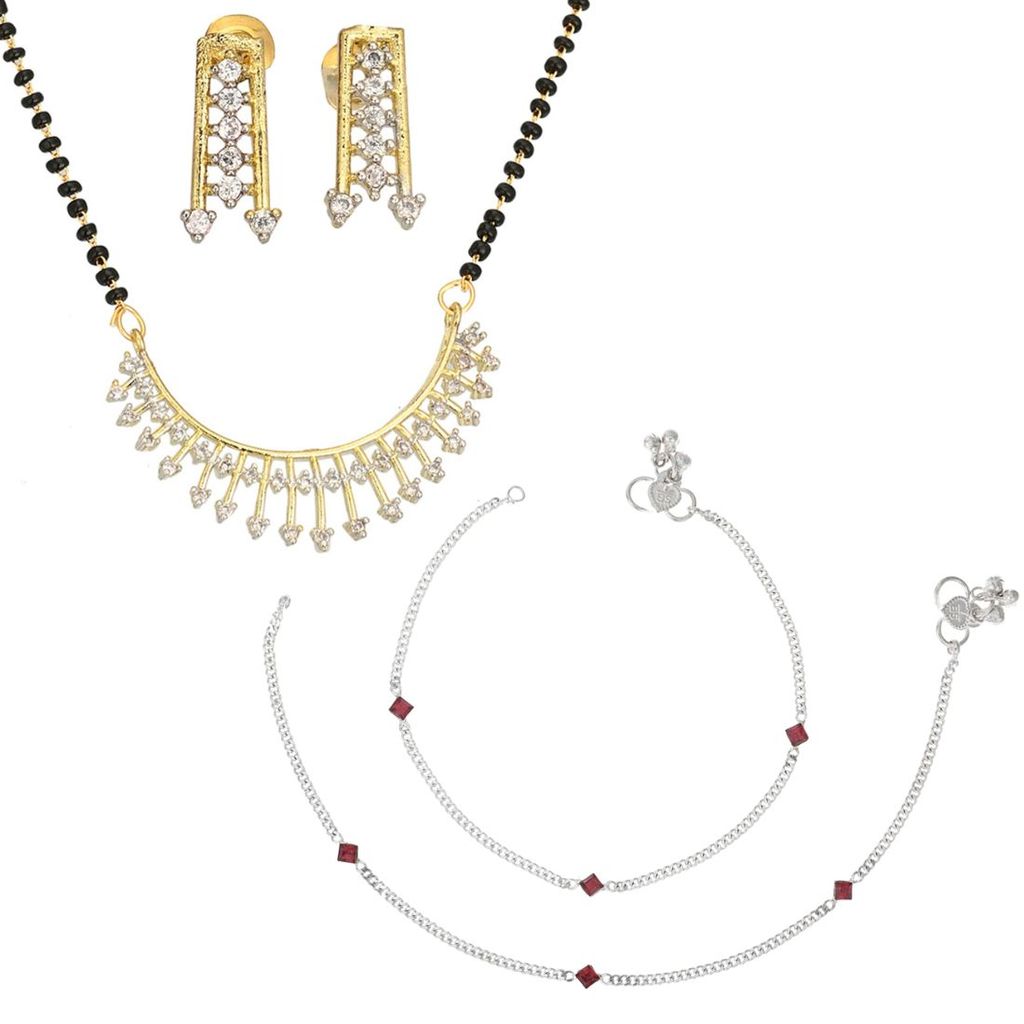 AanyaCentric Gold-plated Short Mangalsutra with Pendant & Earring Set and Silver Plated Anklet