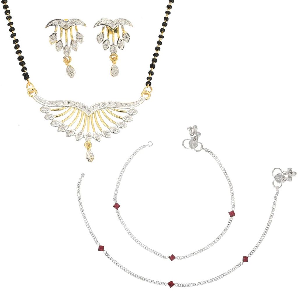 AanyaCentric Gold-plated Short Mangalsutra with Pendant & Earring Set and Silver Plated Anklet