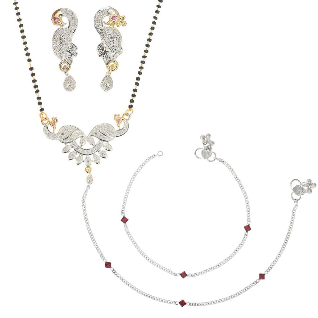 AanyaCentric Gold plating AD Mangalsutra with Pendant & Earring Pair and Silver Plated Anklet