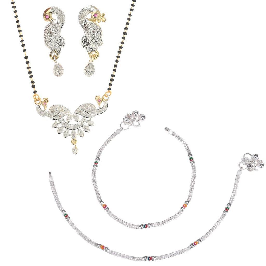 AanyaCentric Gold-plated AD Mangalsutra with Pendant & Earring Pair and Silver Plated Anklet