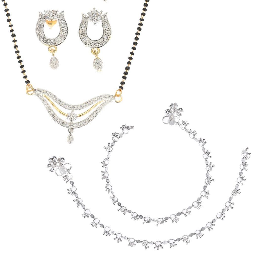 AanyaCentric Gold plating Mangalsutra with Pendant & Earring Set and Silver Plated Anklet