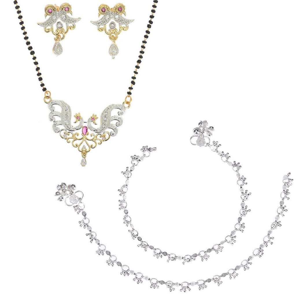 AanyaCentric Gold-plated Mangalsutra with Pendant & Earring Set and Silver Plated Anklet