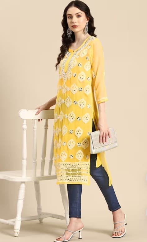 Yellow Butajaal Mirror Work Chikankari Kurti