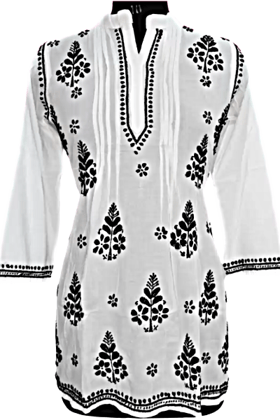 Black and White Embroidery Chikan Short Kurti