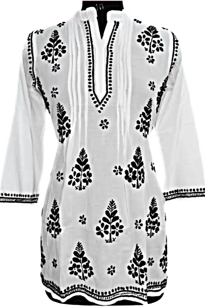 Black and White Embroidery Chikan Short Kurti