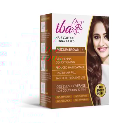 Iba Hair Colour - Medium Brown, 70g | 100% Pure Henna Based Powder Sachet | Naturally Coloured Hair & Long Lasting | Conditioning | Reduced Hair fall & Hair Damage | Shine & Nourish Hair | Paraben, Chemical, Ammonia & Sulphate Free Formula