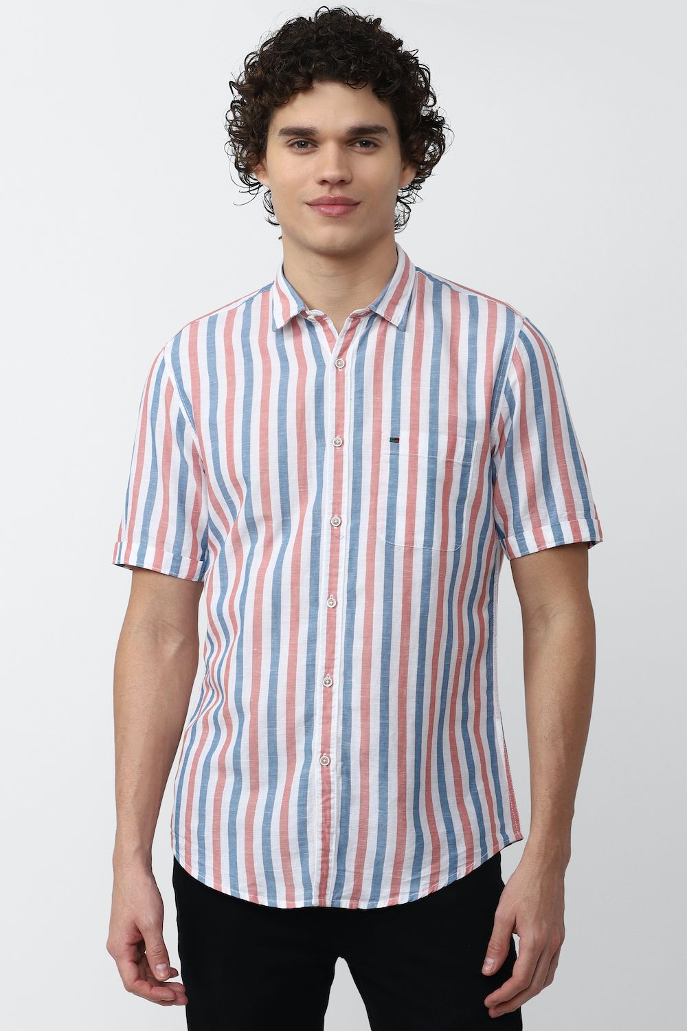 Men White Super Slim Fit Stripe Half Sleeves Casual Shirt