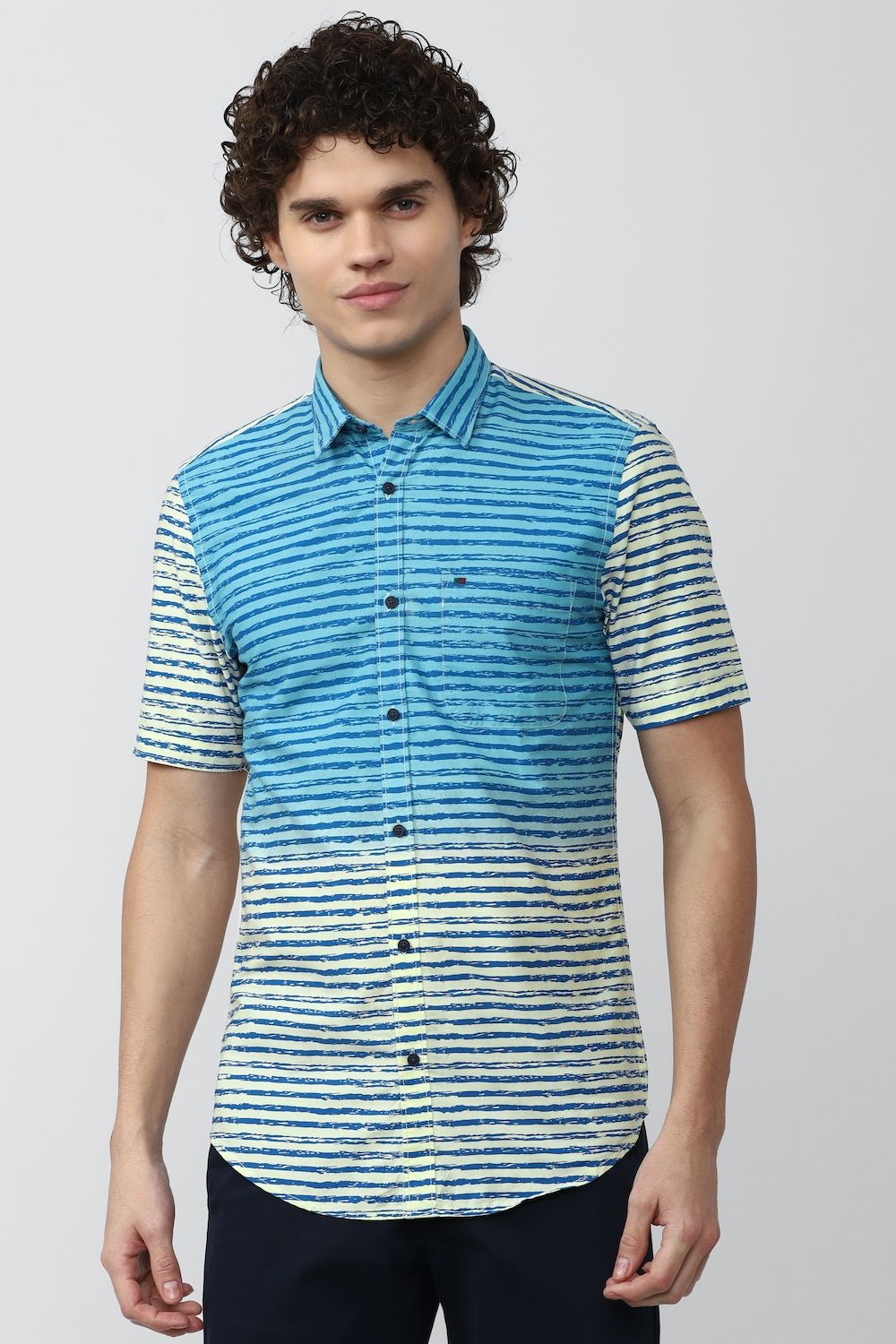 Men Blue Super Slim Fit Stripe Half Sleeves Casual Shirt