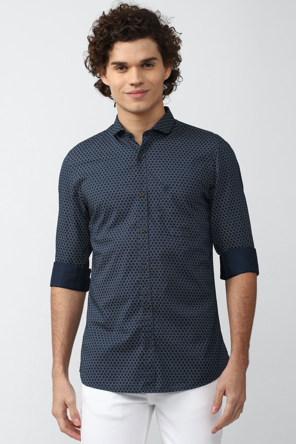Men Navy Super Slim Fit Print Full Sleeves Casual Shirt