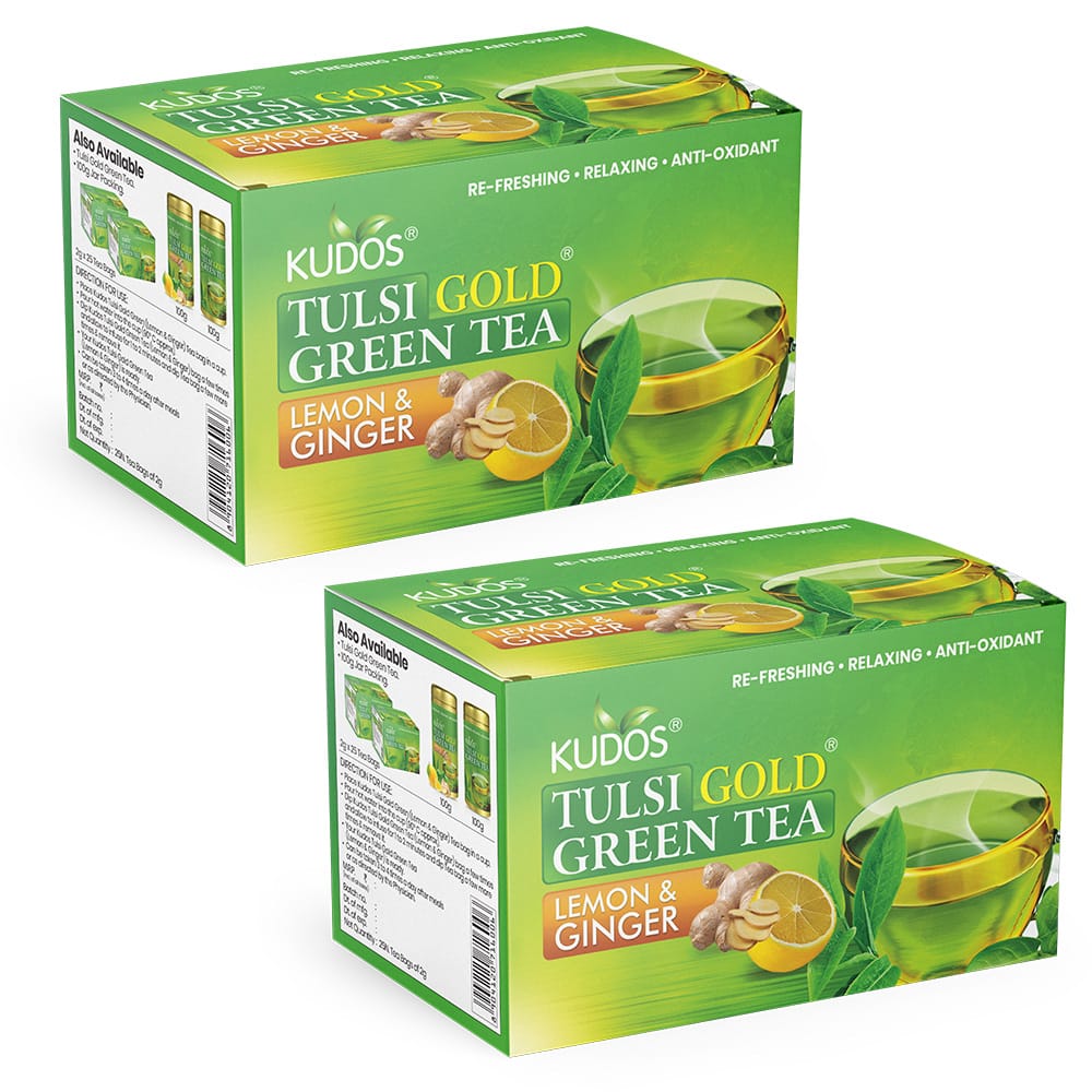 Kudos Tulsi Gold Green Tea Lemon & Ginger (25 Bags) | Pack of 2