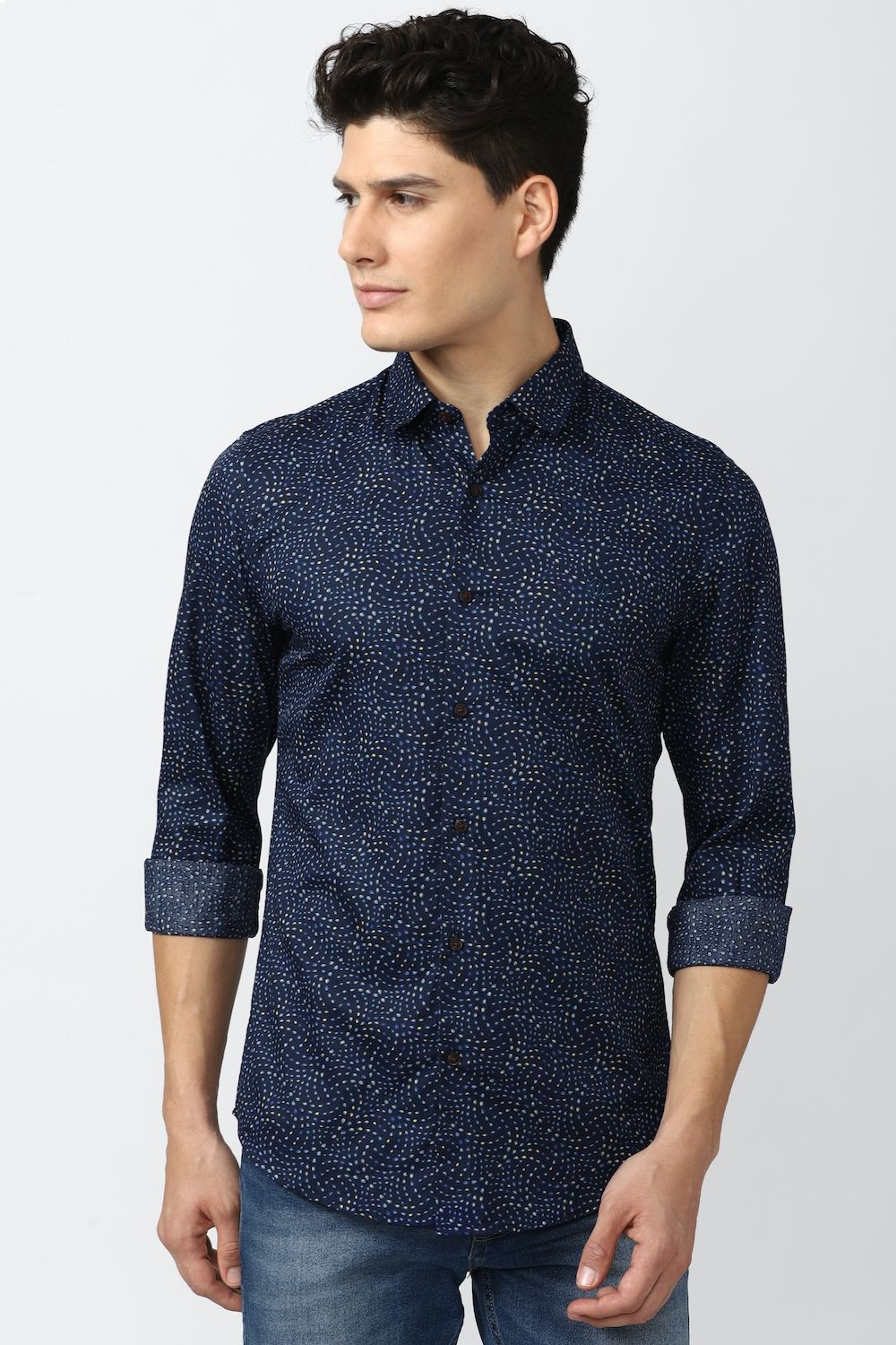 Men Navy Super Slim Fit Print Full Sleeves Casual Shirt
