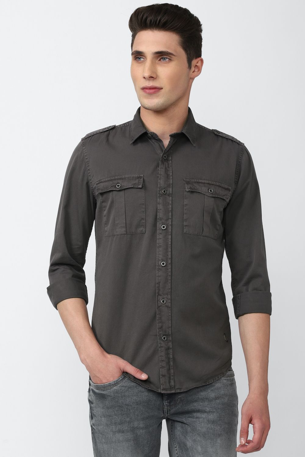 Men Grey Super Slim Fit Solid Full Sleeves Casual Shirt