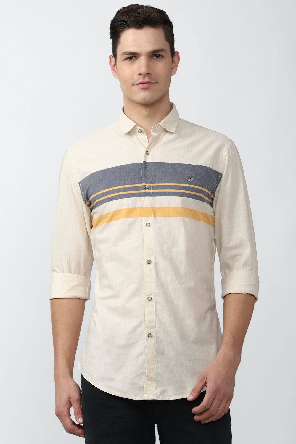 Men Beige Super Slim Fit Print Full Sleeves Casual Shirt