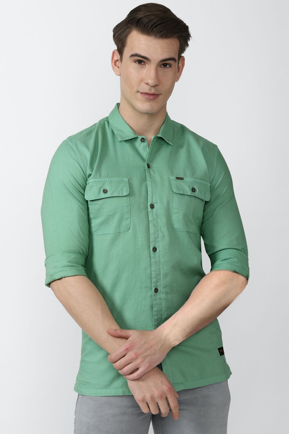 Men Green Super Slim Fit Solid Full Sleeves Casual Shirt
