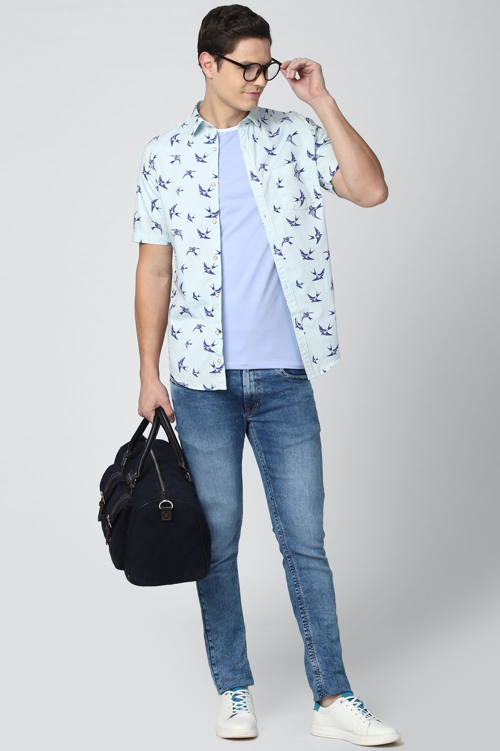 Men Blue Super Slim Fit Print Half Sleeves Casual Shirt