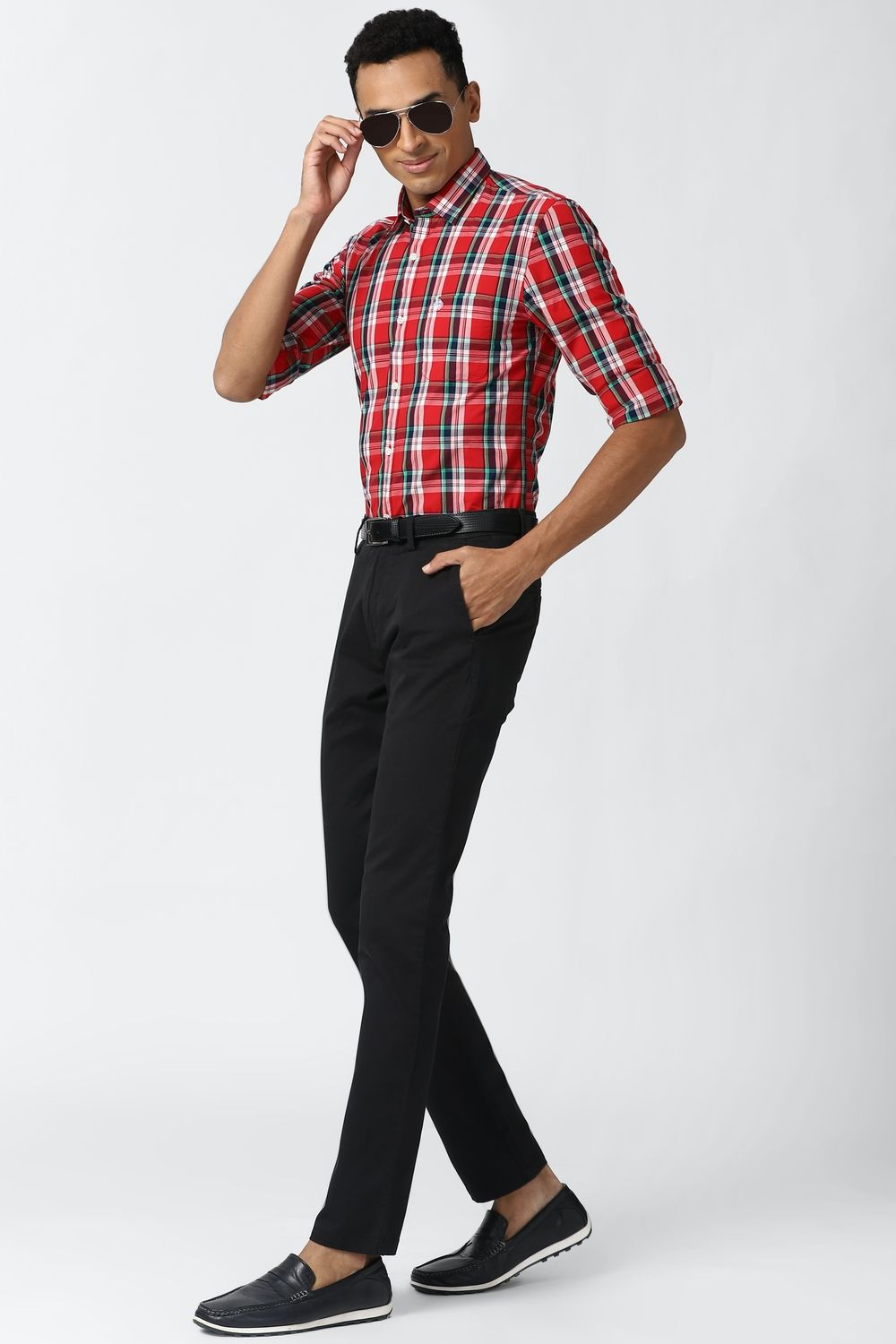 Men Red Super Slim Fit Check Full Sleeves Casual Shirt