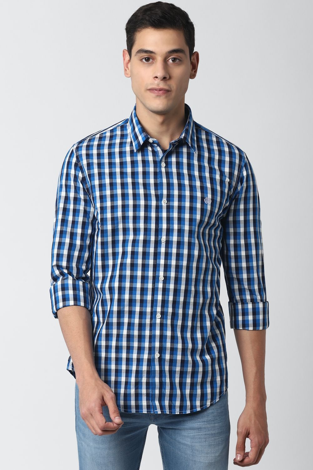 Men Blue Super Slim Fit Check Full Sleeves Casual Shirt