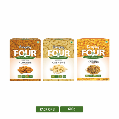 Everyday Four Californian Almonds Badam 200g + Cashew 200g + Raisins 200g | Dry Fruits Family Pack |