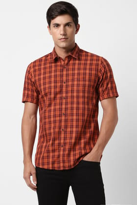 Men Orange Slim Fit Check Half Sleeves Casual Shirt