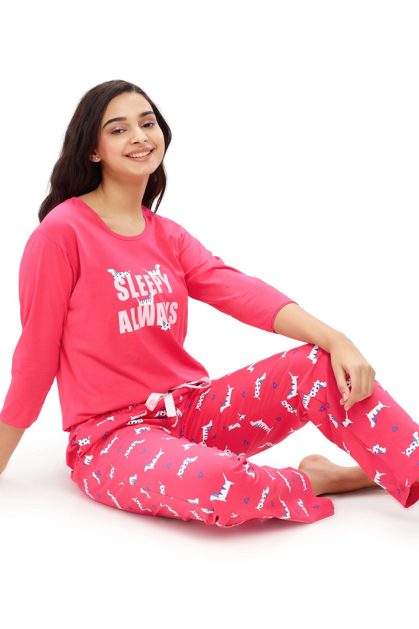 ZEYO Women s Cotton Pink Dog Animal Heart Printed Night suit set