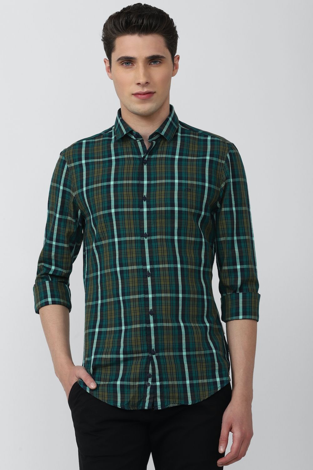 Men Green Super Slim Fit Check Full Sleeves Casual Shirt