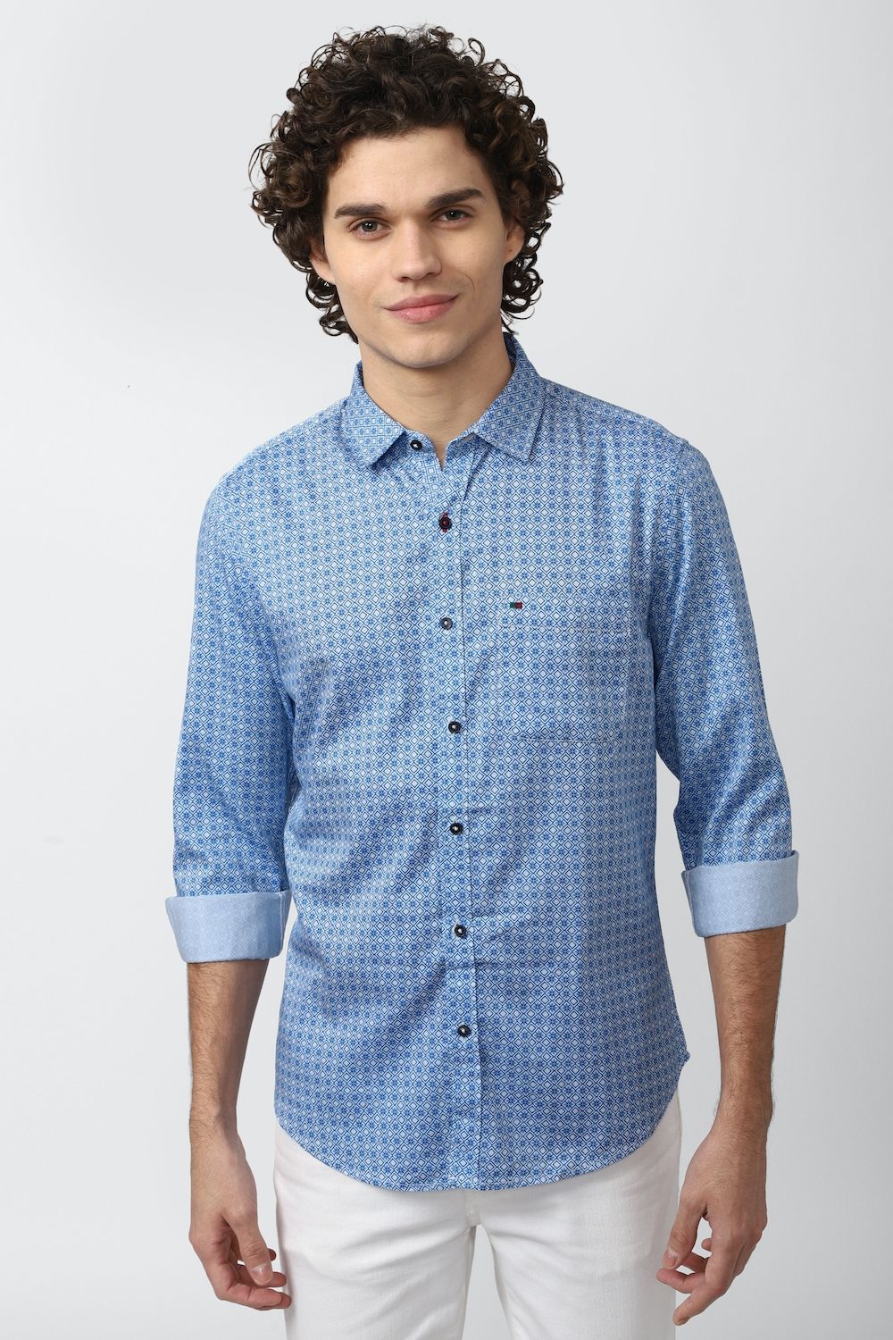 Men Blue Super Slim Fit Print Full Sleeves Casual Shirt